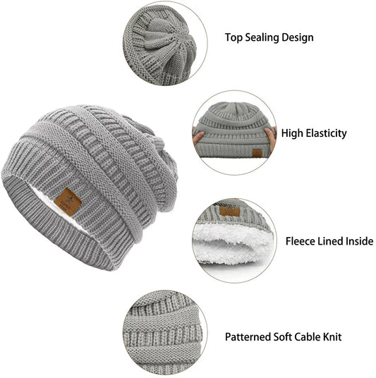 Womens Knit Beanie Hat for Men Winter Thick Fleece Lined Beanie Hats for Women Men Unisex Warm Skiing Beanies Black & Burgundy & Light Grey & White 4 Packs