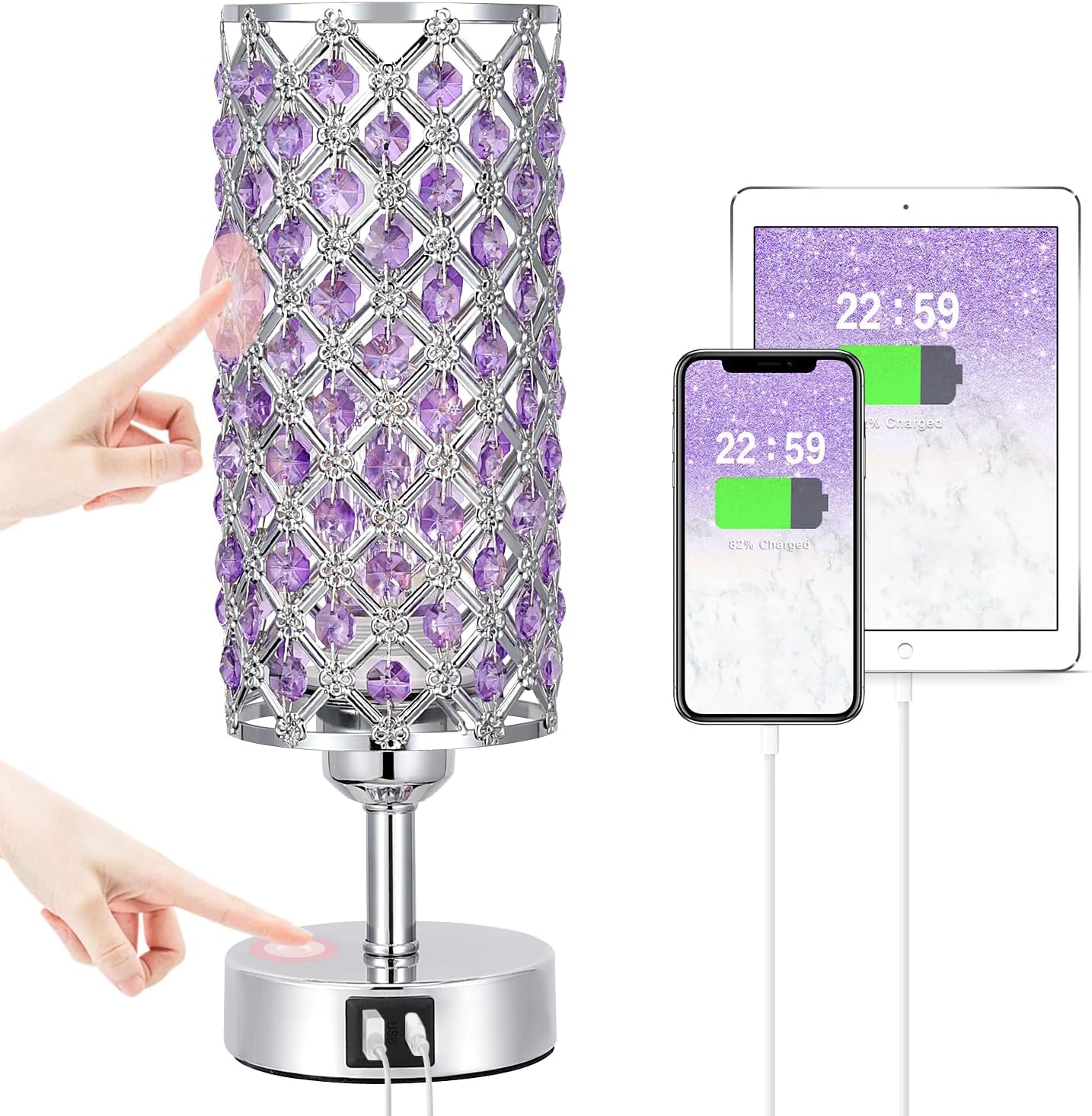 Crystal Table Lamp - 3-Way Dimmable Touch Control, Rose Gold Bedside Lamp with USB C and a Ports, Nightstand Light for Living Room, Bedroom, Home Office (Bulb Included)