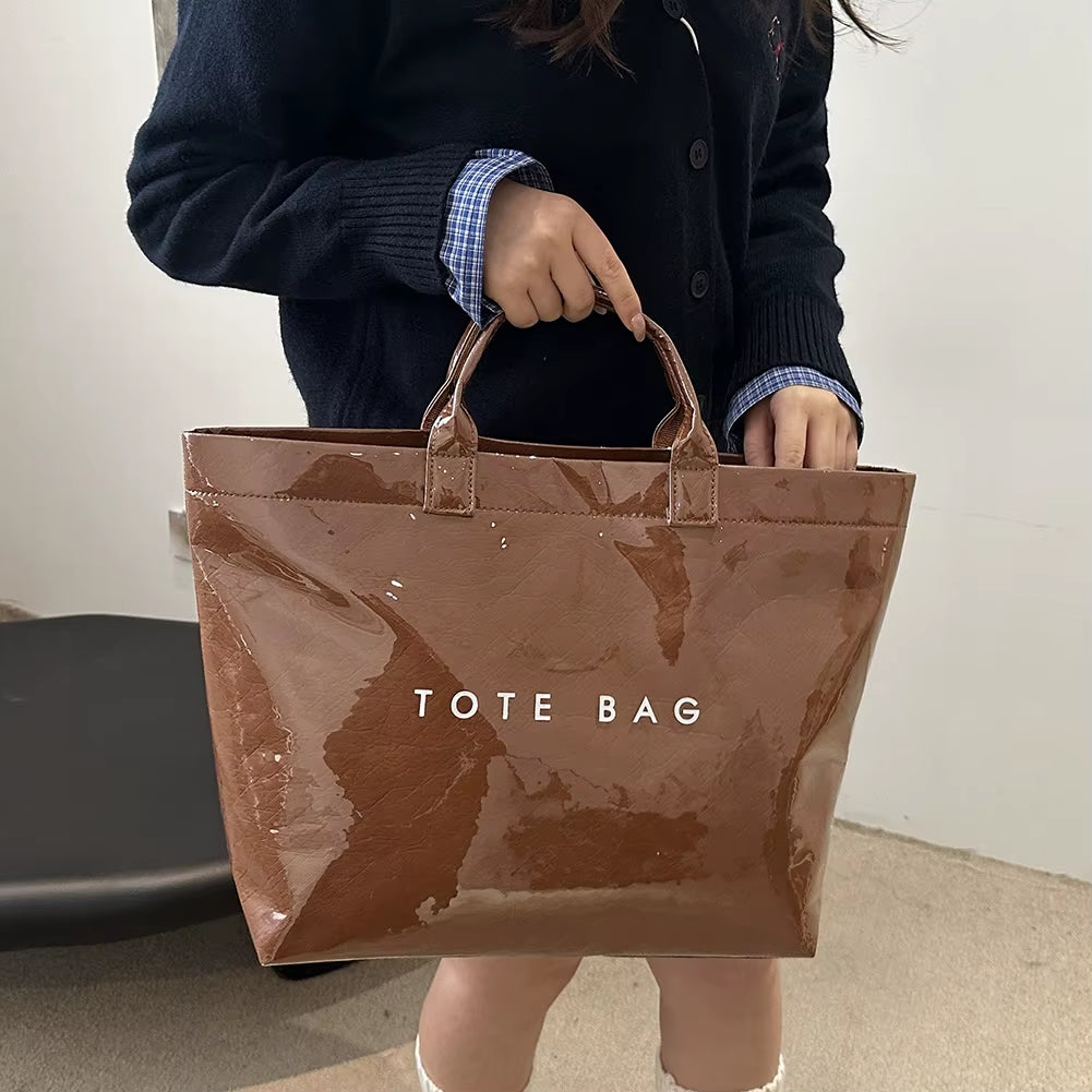 New Large Capacity Fashion Tote Bag PVC Waterproof Transparent Jelly Bag with Handles Trendy Vintage Casual Letter Print Handbag