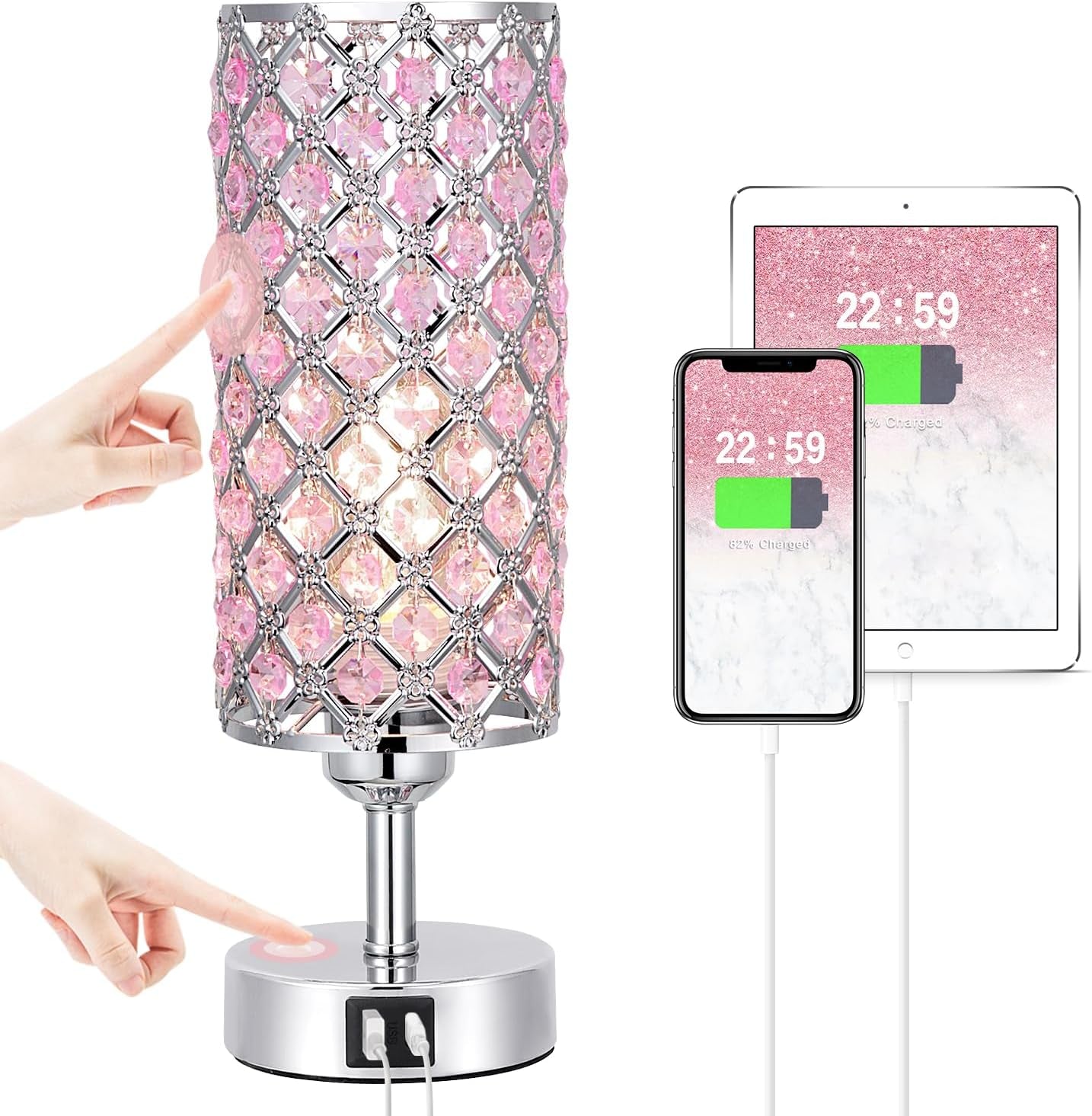 Crystal Table Lamp - 3-Way Dimmable Touch Control, Rose Gold Bedside Lamp with USB C and a Ports, Nightstand Light for Living Room, Bedroom, Home Office (Bulb Included)