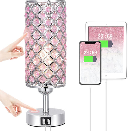 Crystal Table Lamp - 3-Way Dimmable Touch Control, Rose Gold Bedside Lamp with USB C and a Ports, Nightstand Light for Living Room, Bedroom, Home Office (Bulb Included)
