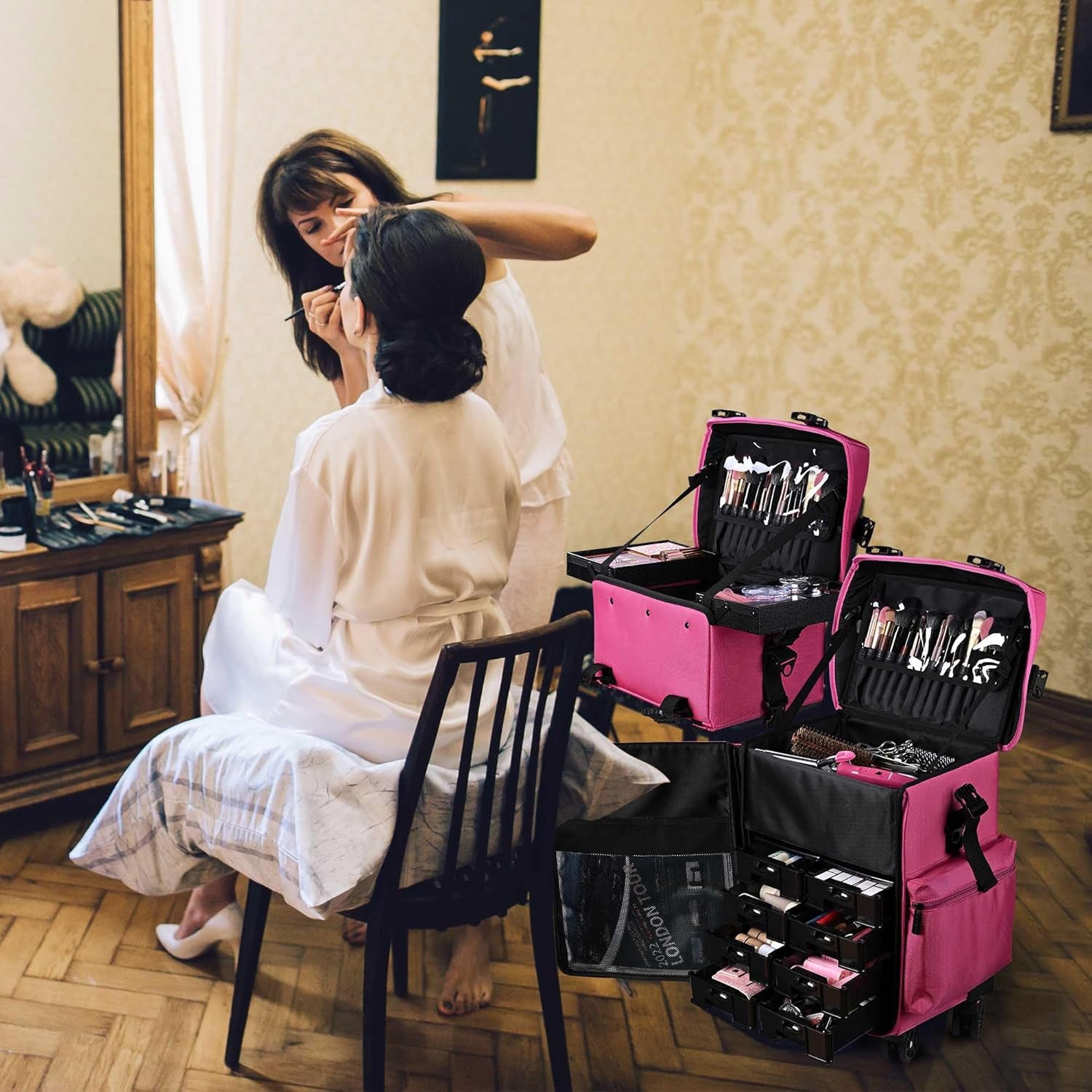 2 In1 Soft Sided Rolling Makeup Case Unseasonable Bright Cosmetic Train Case with Wheels and Removable Organizer, Deep Pink