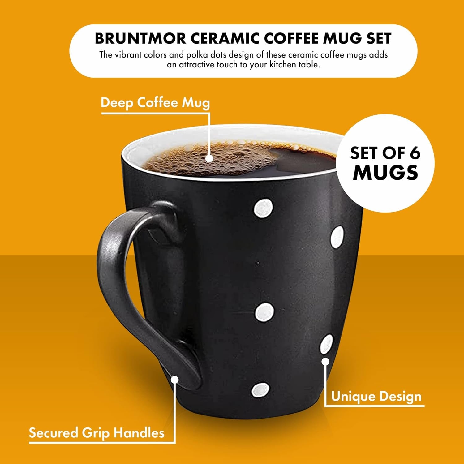 16 Oz Polka Dot Coffee Mug Set of 6, Large 16 Ounce Ceramic Mugcup Set in Black Polka Dot Design, Best Coffee Mug for Your Gift