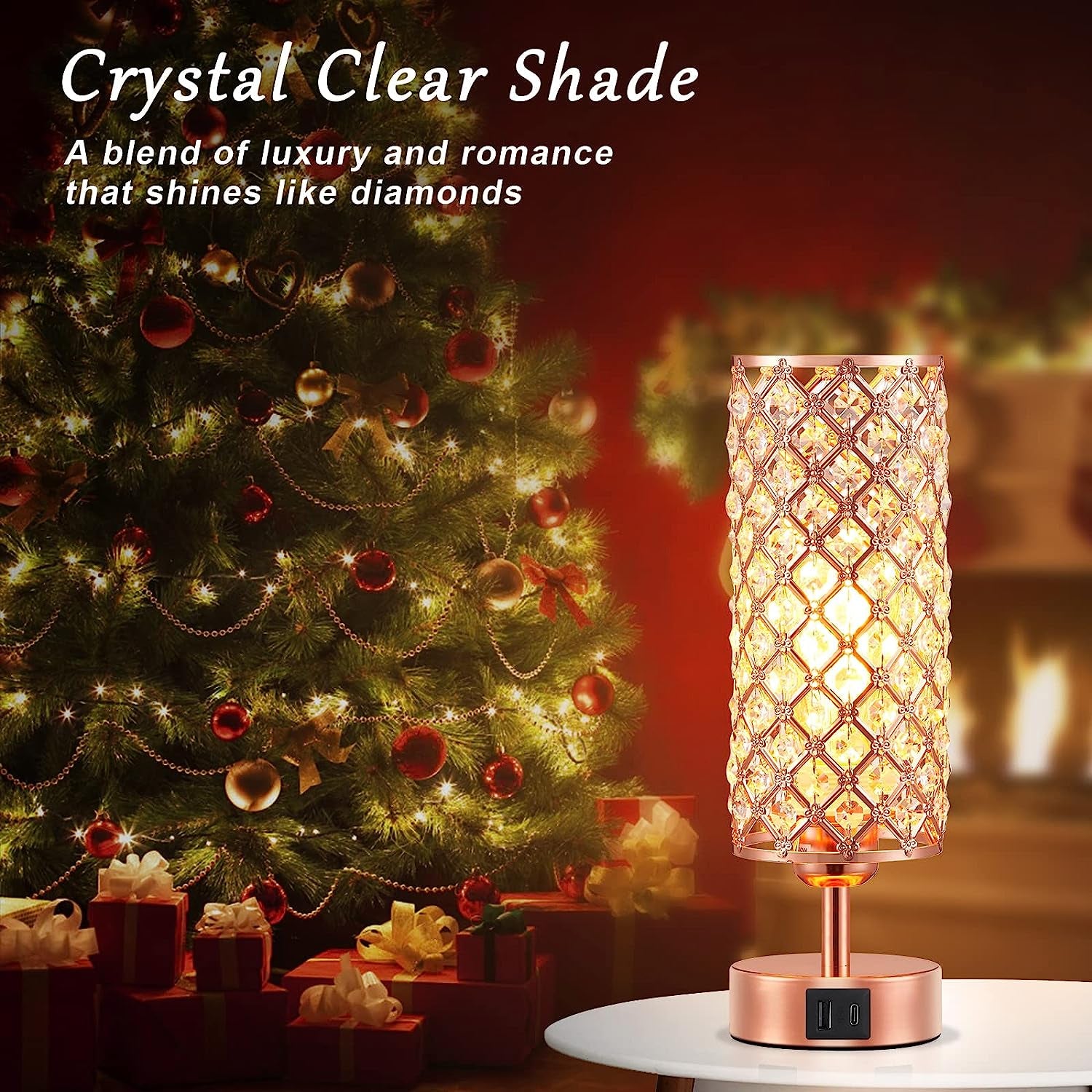 Crystal Table Lamp - 3-Way Dimmable Touch Control, Rose Gold Bedside Lamp with USB C and a Ports, Nightstand Light for Living Room, Bedroom, Home Office (Bulb Included)