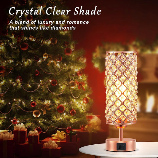 Crystal Table Lamp - 3-Way Dimmable Touch Control, Rose Gold Bedside Lamp with USB C and a Ports, Nightstand Light for Living Room, Bedroom, Home Office (Bulb Included)