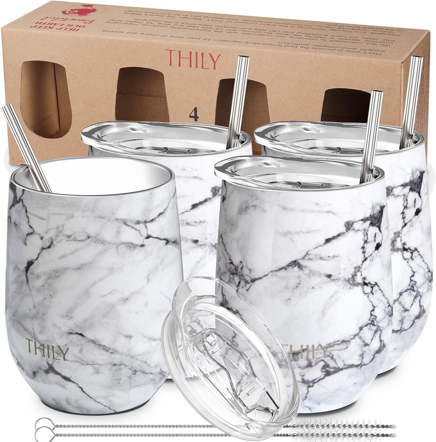 Stainless Steel Stemless Wine Tumbler 4 Pack Vacuum Insulated Travel Wine Glasses with Sliding Lids and Straws, 12 Oz, Keep Cold for Juice, Coffee, Beer, Marble Series