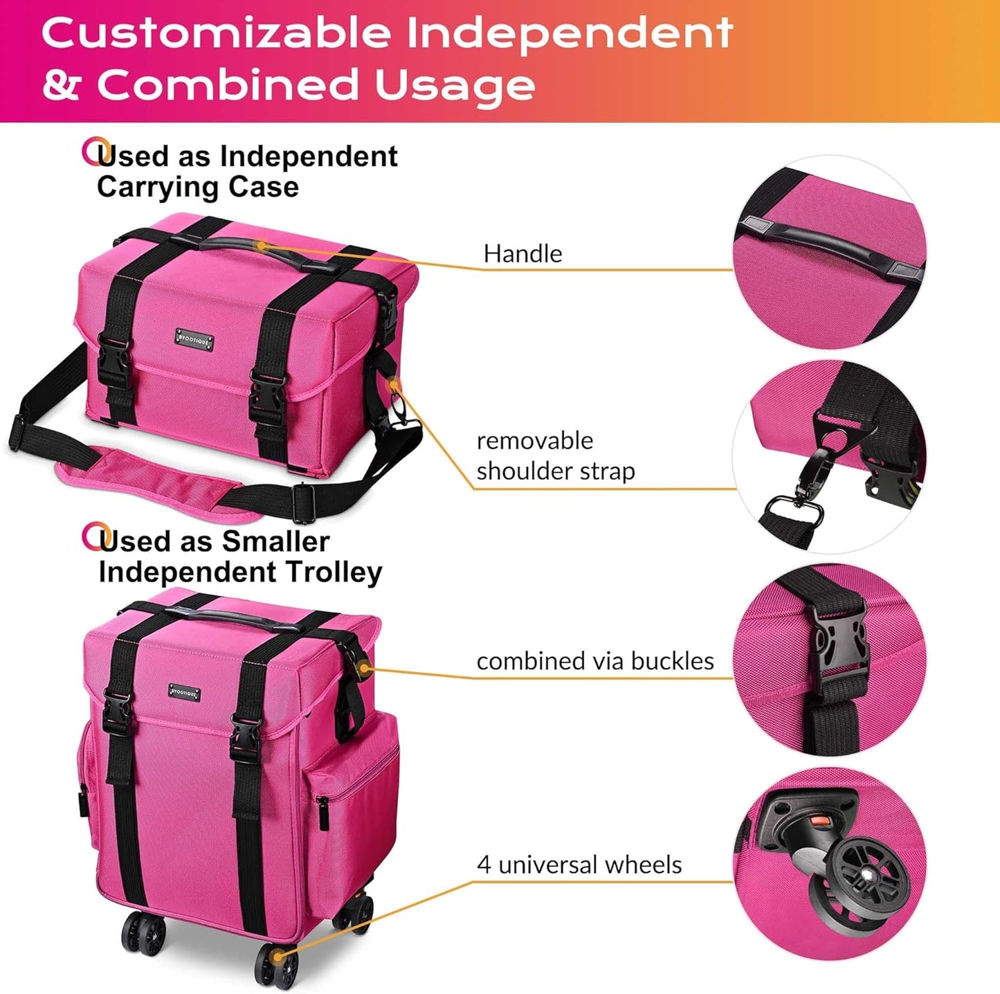 2 In1 Soft Sided Rolling Makeup Case Unseasonable Bright Cosmetic Train Case with Wheels and Removable Organizer, Deep Pink