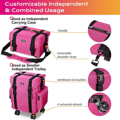 2 In1 Soft Sided Rolling Makeup Case Unseasonable Bright Cosmetic Train Case with Wheels and Removable Organizer, Deep Pink