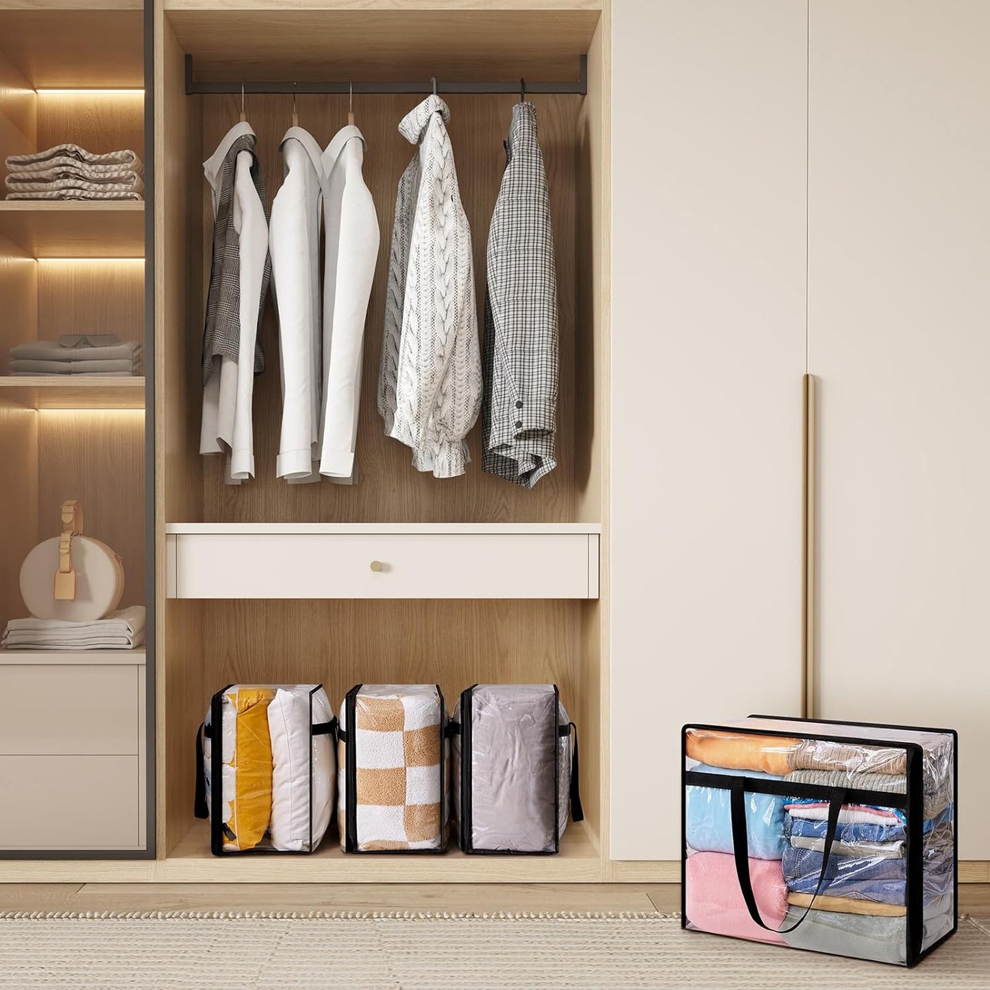 4 Pack Clear Clothes Storage Bags, 40L Plastic Blanket Storage Bag, Vinyl Foldable Moving Bags with Zipper, Closet Organizers and Storage Containers for Bedding, Duvet, Comforter