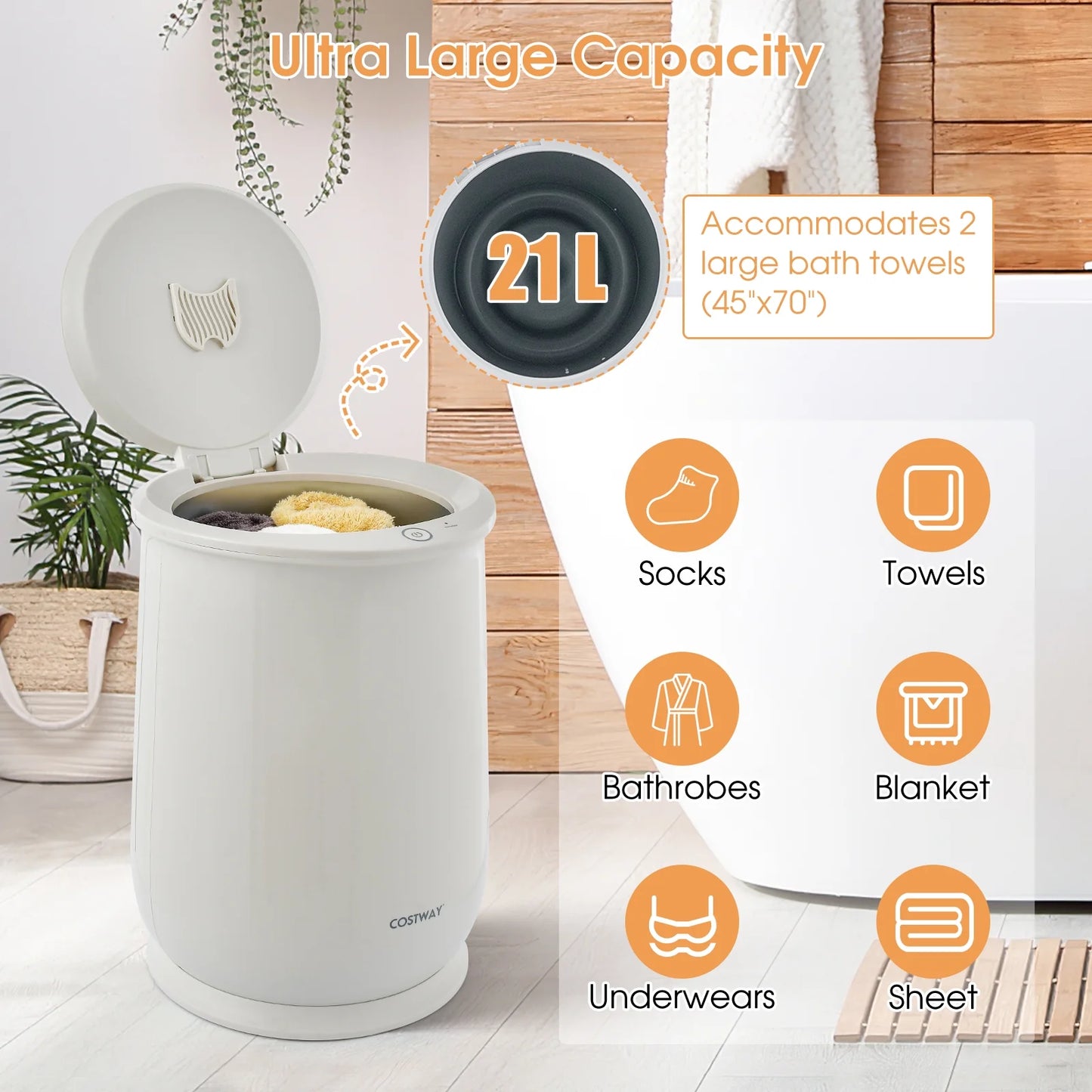 21L Large Capacity Towel Warmer with Flip-Top Lid Auto Shut off Fragrance Holder Grey