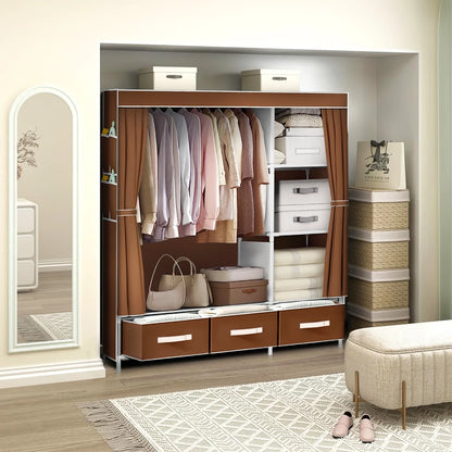 Portable Closet, Portable Wardrobe with 3 Drawer and 4 Storage Shelves and Side Pocket for Clothes Storage Organizer,Coffee