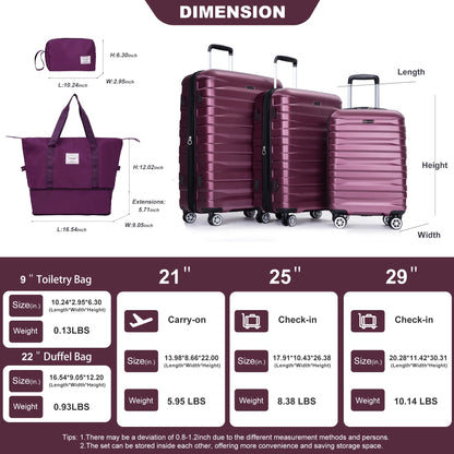 Luggage Sets 5 Piece Duffel Bag,Hardside Travel Luggage (20/24/28) with TSA Lock,Expandable Suitcase with Spinner Wheels.(Wine Red)