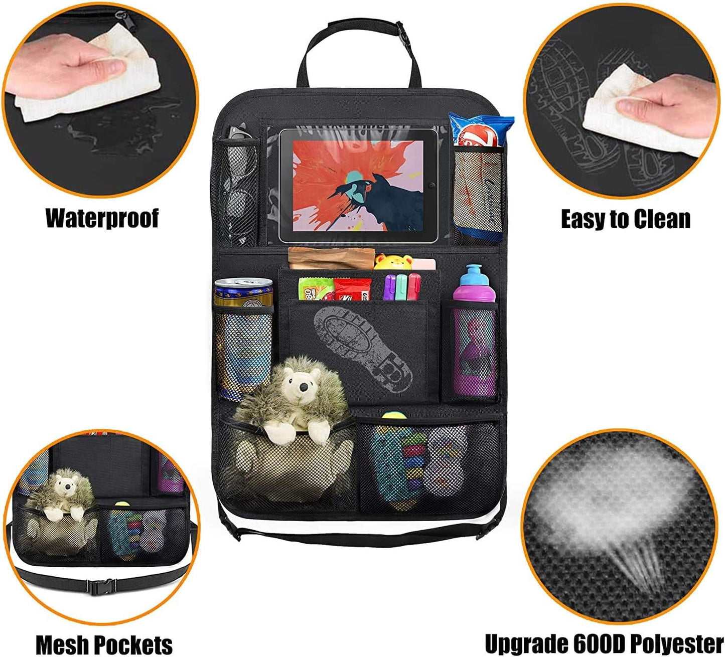 Backseat Car Organizer, Kick Mats Back Seat Protector with Touch Screen Tablet Holder, Back Seat Organizer for Kids, Travel Accessories with 9 Storage Pockets 2 Pack (Black)