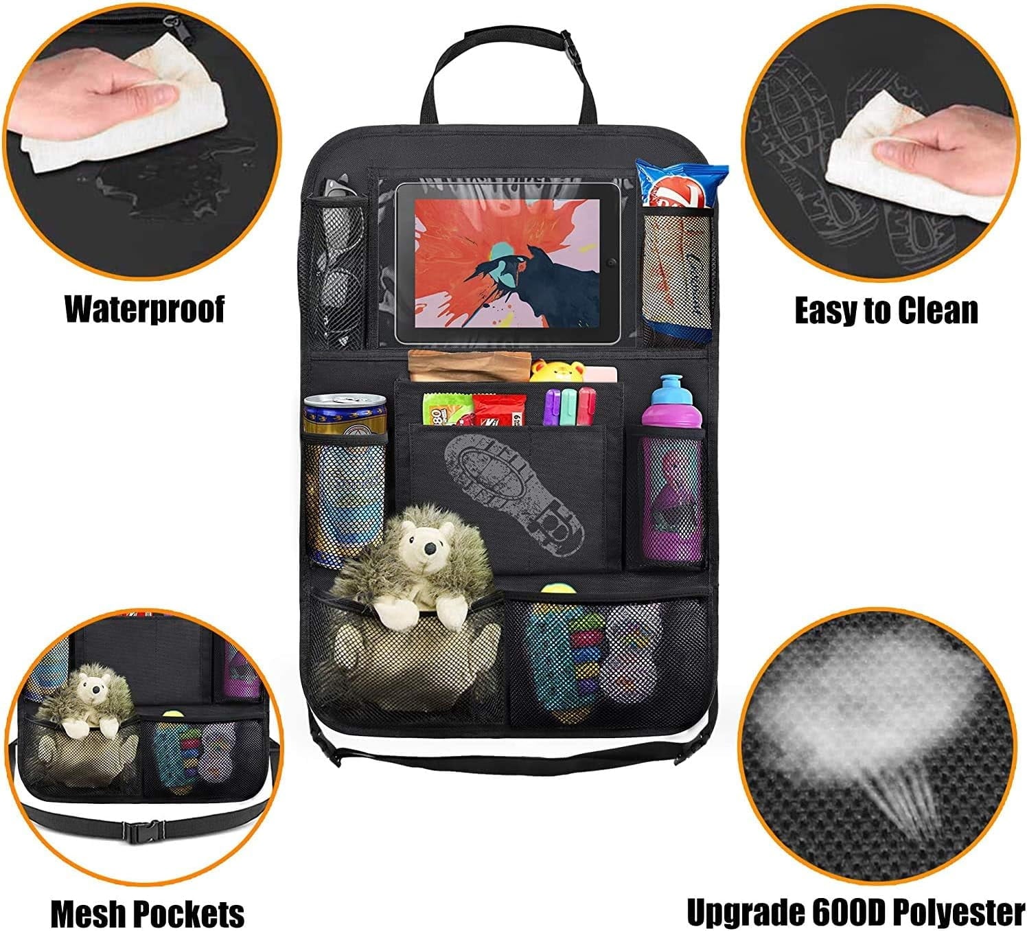 Backseat Car Organizer, Kick Mats Back Seat Protector with Touch Screen Tablet Holder, Back Seat Organizer for Kids, Travel Accessories with 9 Storage Pockets 2 Pack (Black)