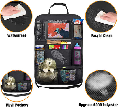 Backseat Car Organizer, Kick Mats Back Seat Protector with Touch Screen Tablet Holder, Back Seat Organizer for Kids, Travel Accessories with 9 Storage Pockets 2 Pack (Black)
