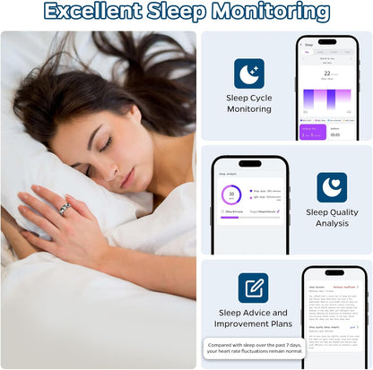 Smart Ring Health Tracker, Sleep Tracker Ring with Heart Rate, Waterproof Fitness Ring for Activity Monitoring/Steps/Distance/Calories, Air Gestures,Up to 7-Day Battery, for Ios and Android (Gold,#8)