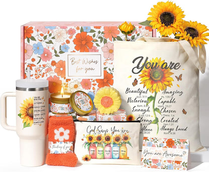Christian Gifts for Women Faith, Religious Catholic Christmas Gifts for Women Mom Grandma Sister Coworker Inspirational Spiritual Sunflower Gift Birthday Gift for Woman with Makeup Bag 40 OZ Tumbler