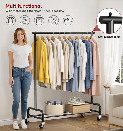 Heavy Duty Clothing Racks for Hanging Clothes Rack, 43" Wide Rolling Garment Rack Metal Clothing Hanger Rack with Wheels Wardrobe Rack for Coats, Shirts, Dress, (Black)