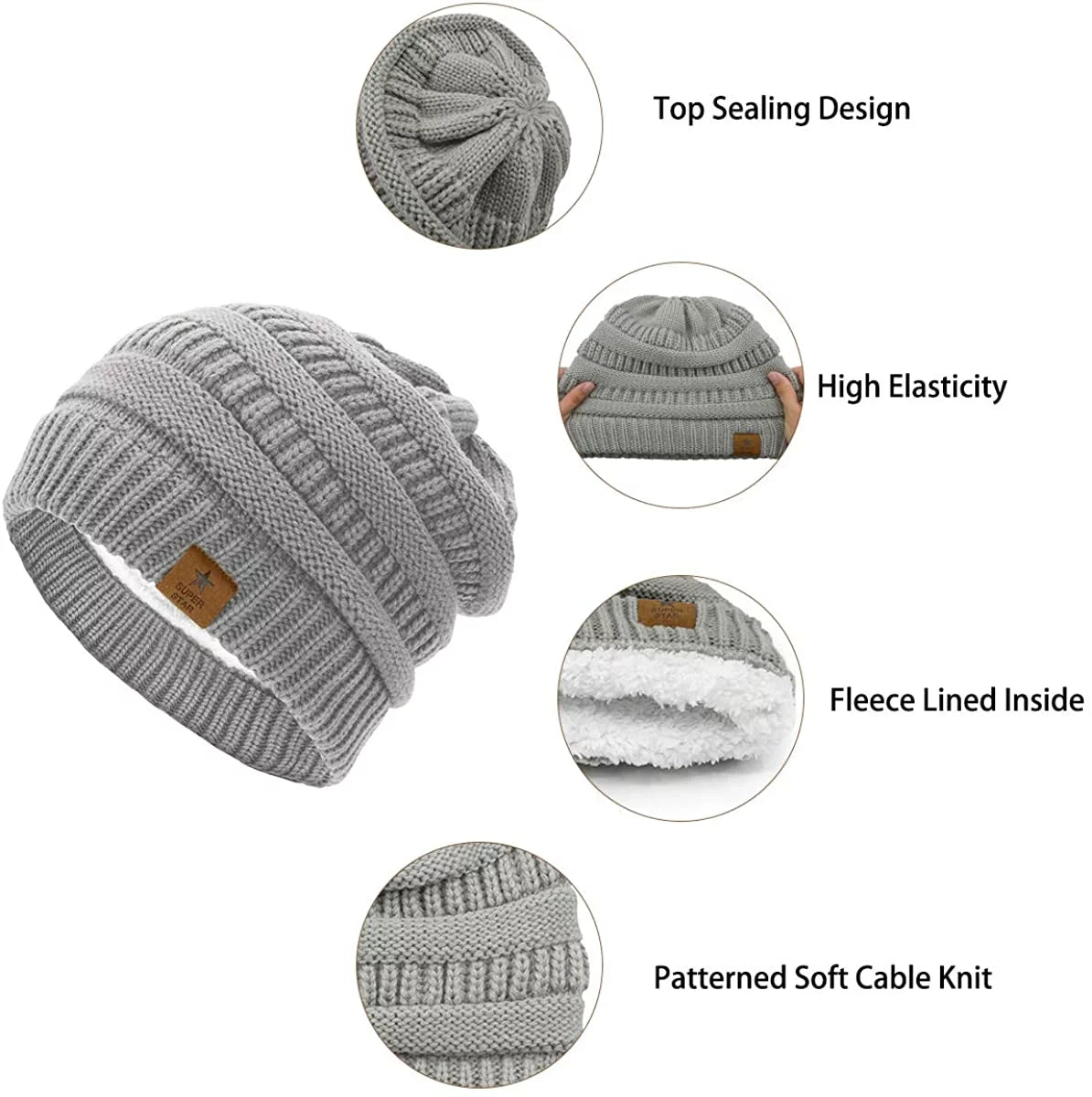 Womens Knit Beanie Hat for Men Winter Thick Fleece Lined Beanie Hats for Women Men Unisex Warm Skiing Beanies Black & Burgundy & Light Grey & White 4 Packs