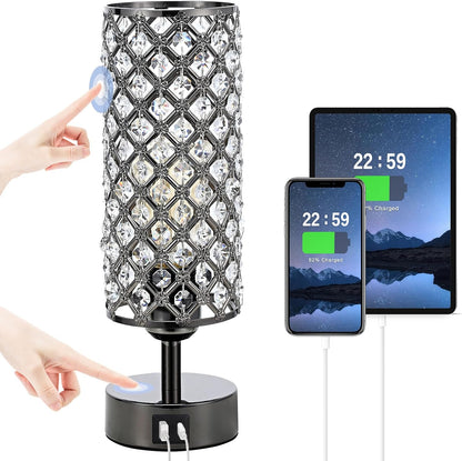 Crystal Table Lamp - 3-Way Dimmable Touch Control, Rose Gold Bedside Lamp with USB C and a Ports, Nightstand Light for Living Room, Bedroom, Home Office (Bulb Included)