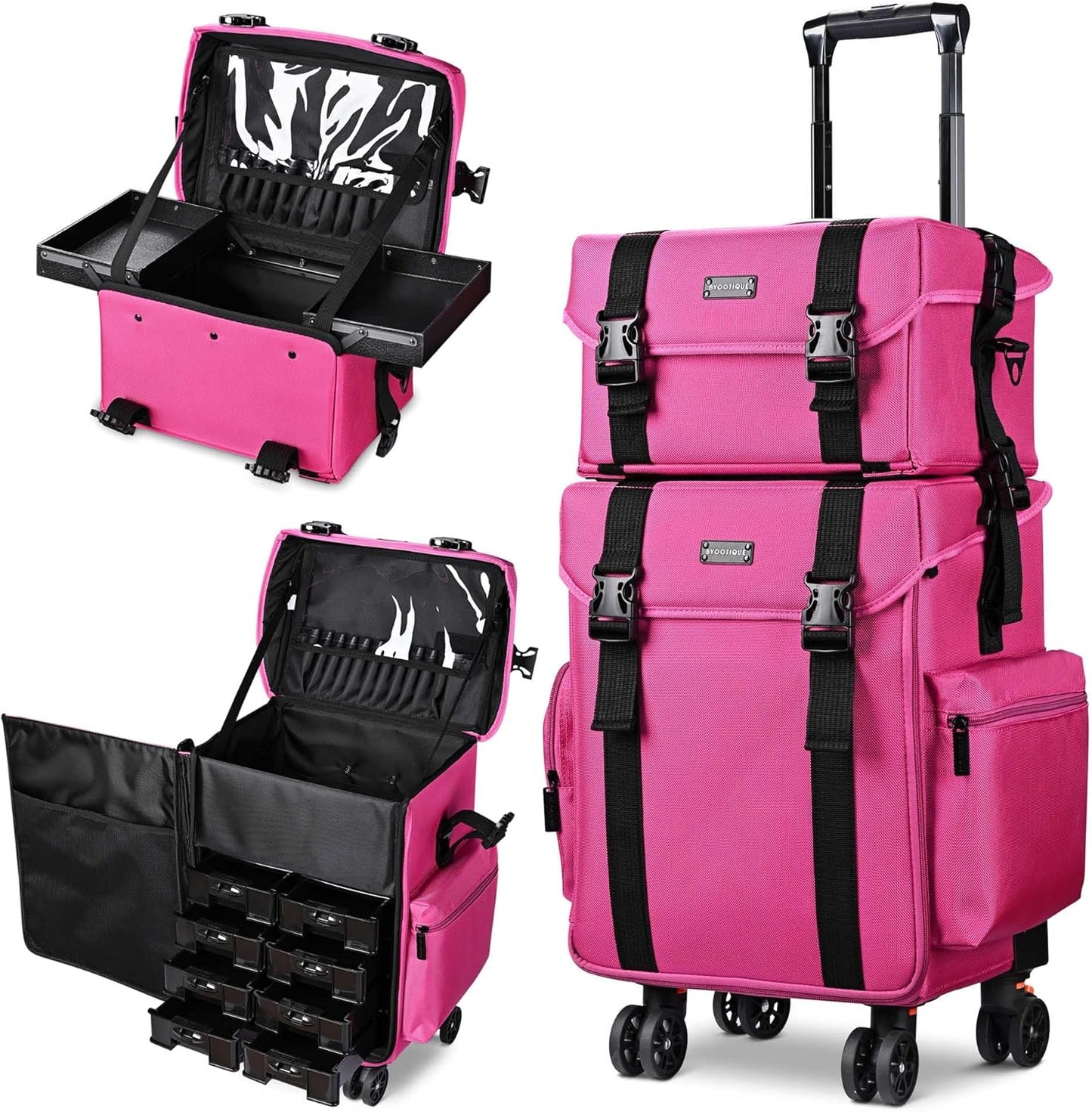 2 In1 Soft Sided Rolling Makeup Case Unseasonable Bright Cosmetic Train Case with Wheels and Removable Organizer, Deep Pink