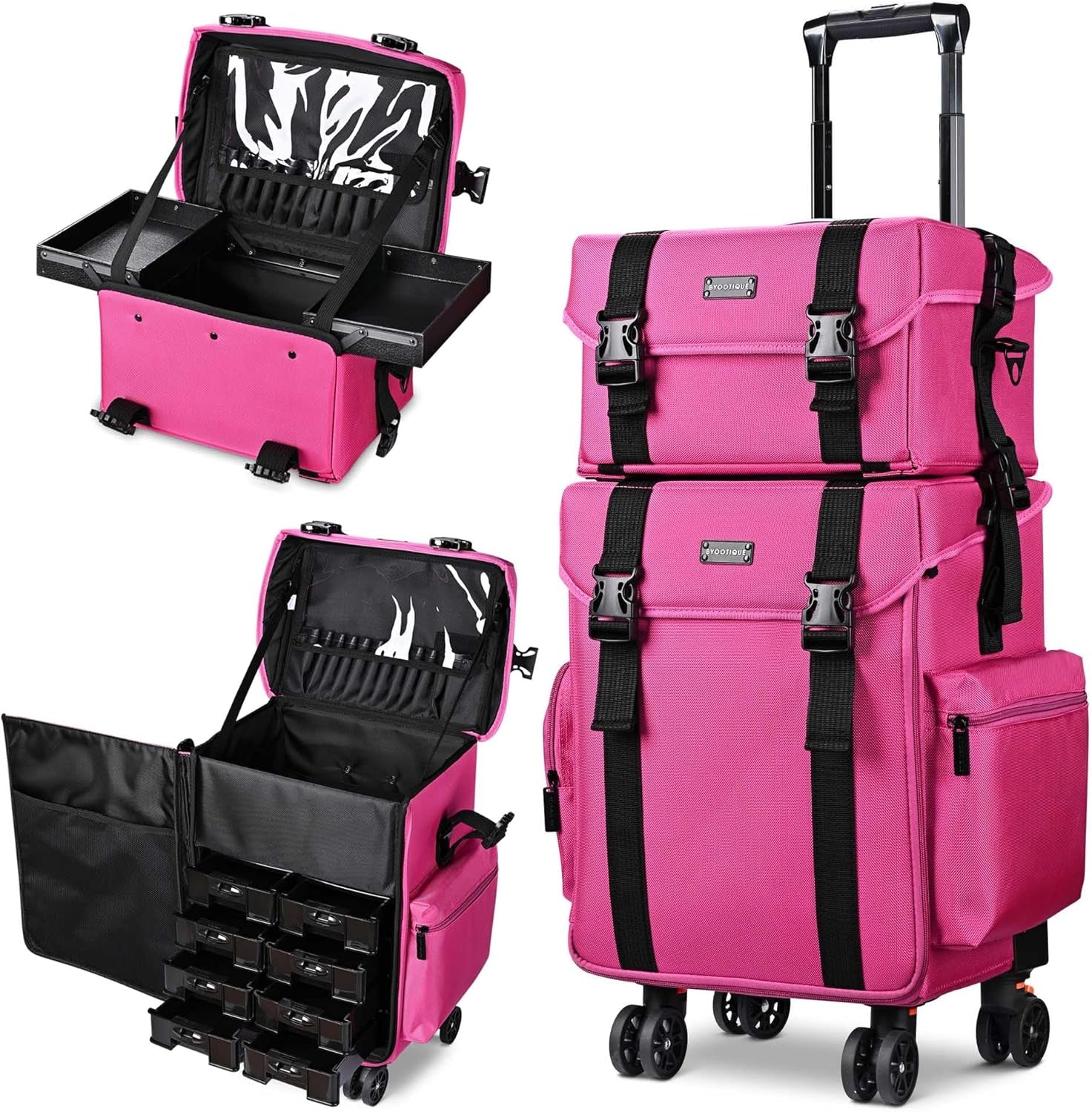 2 In1 Soft Sided Rolling Makeup Case Unseasonable Bright Cosmetic Train Case with Wheels and Removable Organizer, Deep Pink
