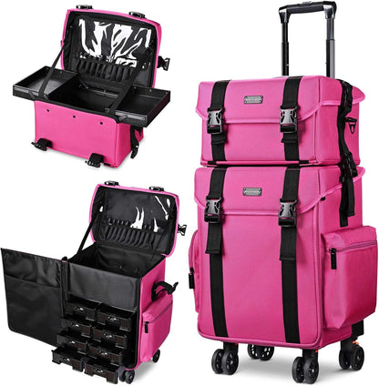 2 In1 Soft Sided Rolling Makeup Case Unseasonable Bright Cosmetic Train Case with Wheels and Removable Organizer, Deep Pink
