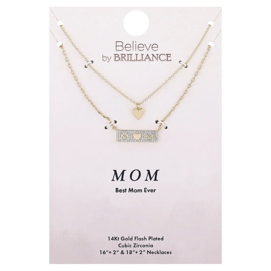 Women'S 14Kt Gold Flash Plated Cubic Zirconia Mom Layered Necklace, 16+2/18+2"