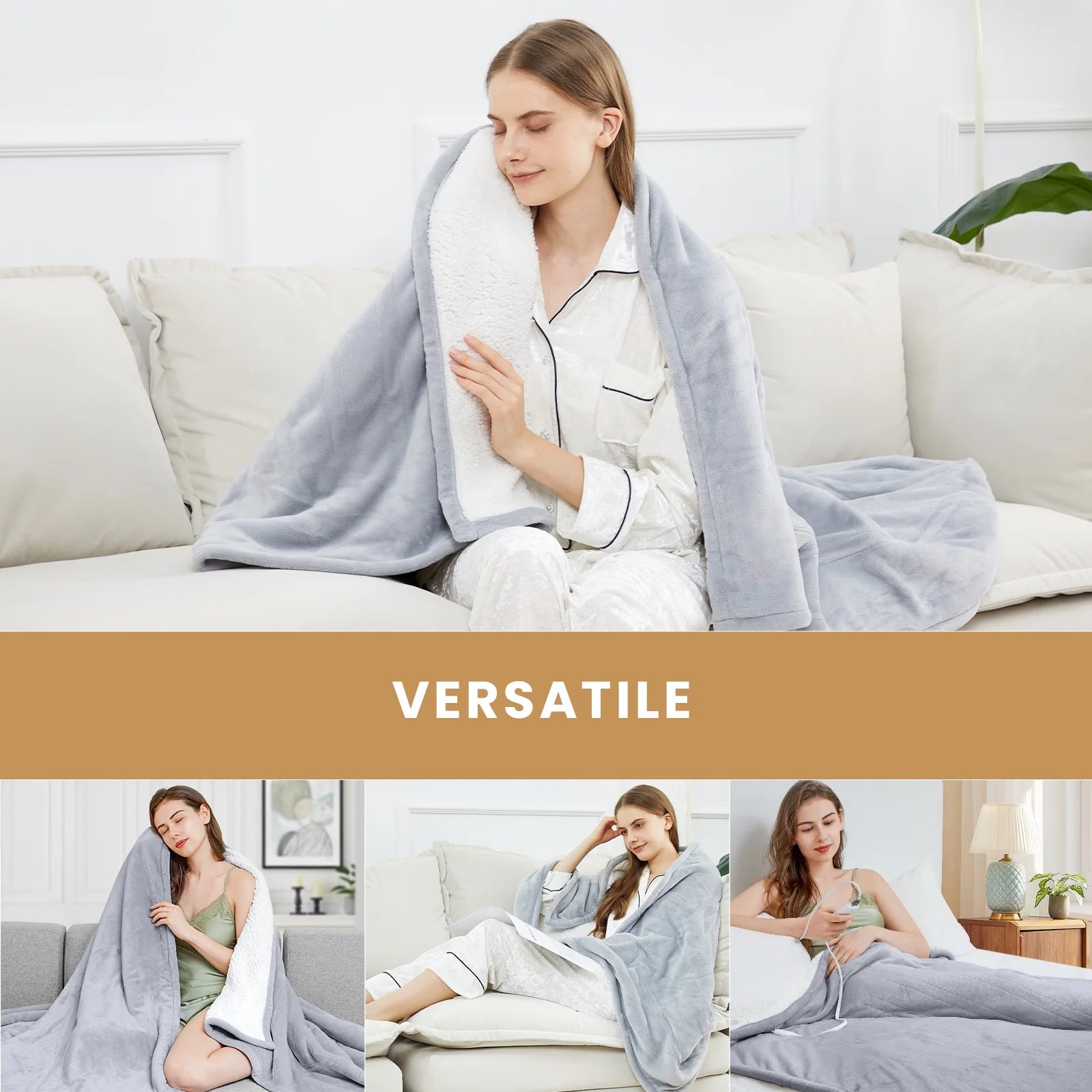 Electric Heated Blanket Throw Soft Flannel & Sherpa, 5 Heat Levels, 3 Hours Auto-Off Over-Heat Protection ETL Certification (50"X60", Light Gray)