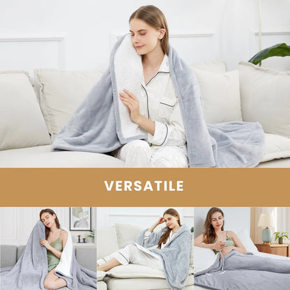 Electric Heated Blanket Throw Soft Flannel & Sherpa, 5 Heat Levels, 3 Hours Auto-Off Over-Heat Protection ETL Certification (50"X60", Light Gray)