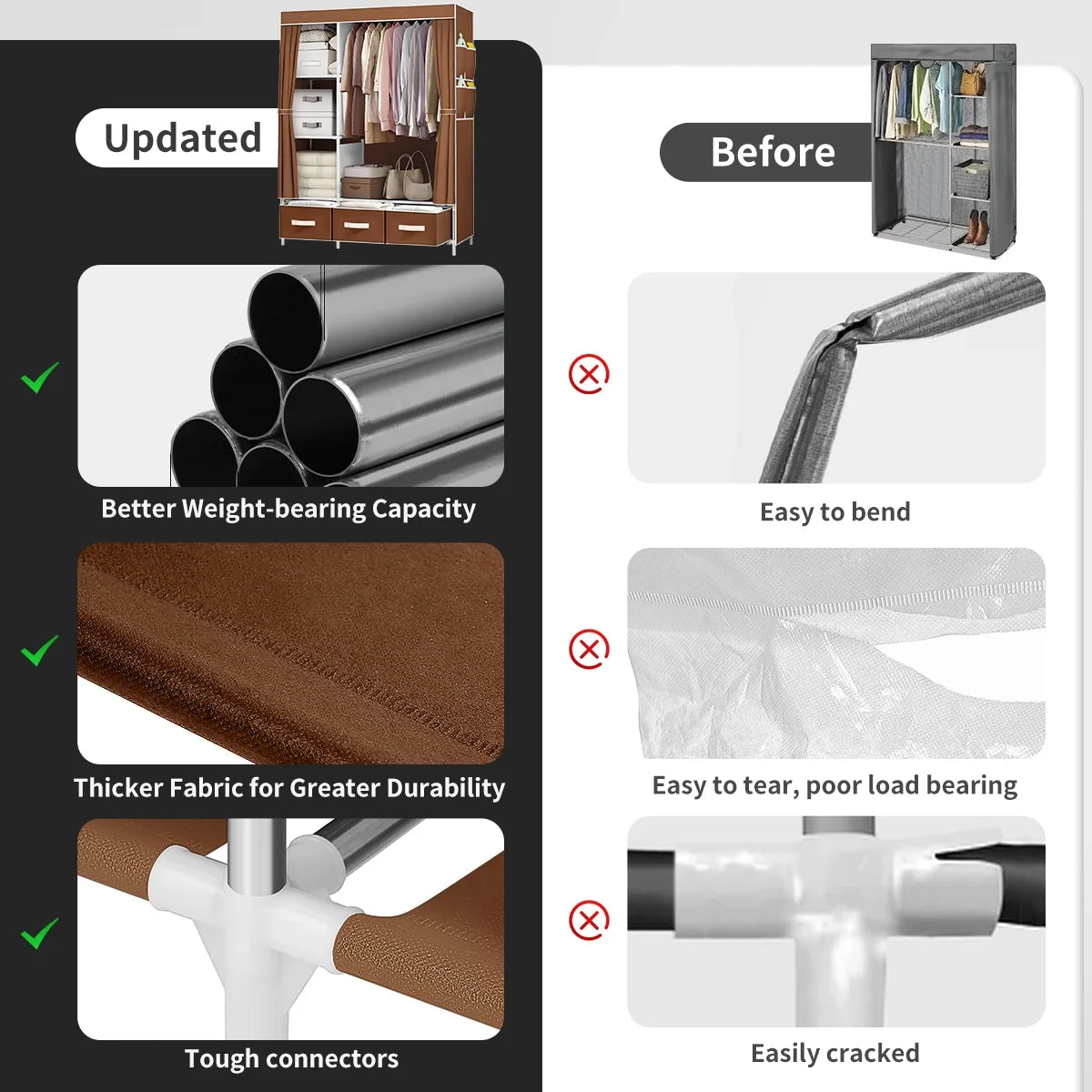 Portable Closet, Portable Wardrobe with 3 Drawer and 4 Storage Shelves and Side Pocket for Clothes Storage Organizer,Coffee