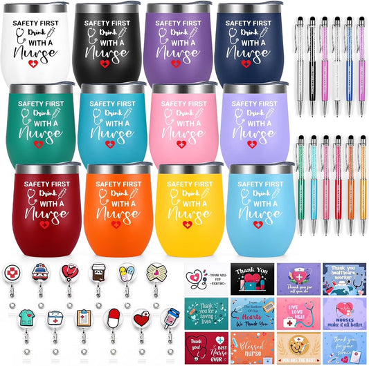 48 Pcs Nurses Week Gifts Bulk for Women Men, Nurse Appreciation Gifts Bulk, Nurses Graduation Gift, Nurse Practitioner Gift, Present for Murse Week Set of 12 Insulated Wine Tumbler