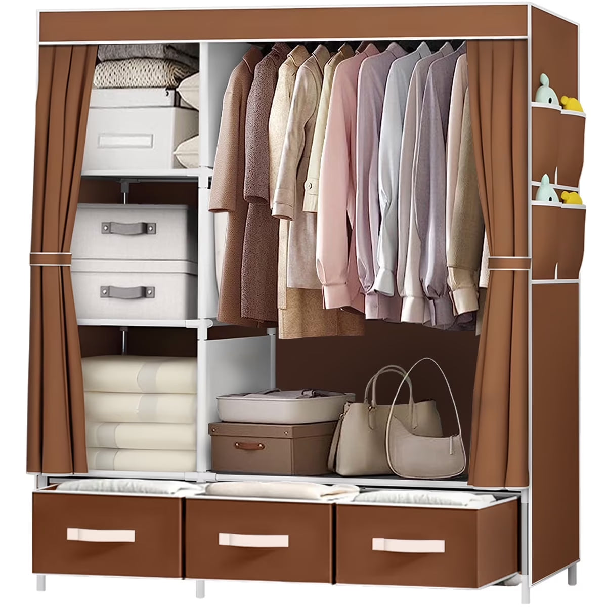 Portable Closet, Portable Wardrobe with 3 Drawer and 4 Storage Shelves and Side Pocket for Clothes Storage Organizer,Coffee