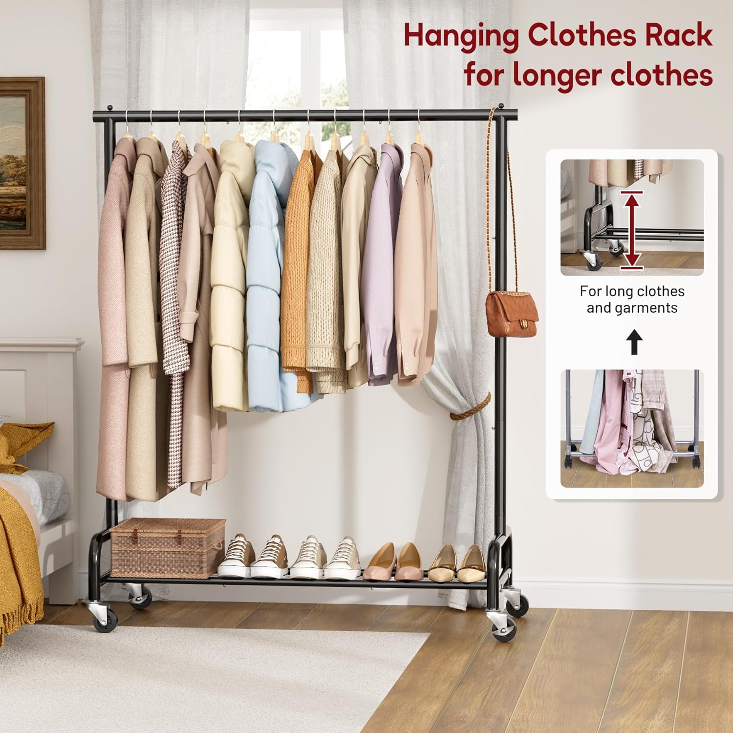Heavy Duty Clothing Racks for Hanging Clothes Rack, 43" Wide Rolling Garment Rack Metal Clothing Hanger Rack with Wheels Wardrobe Rack for Coats, Shirts, Dress, (Black)