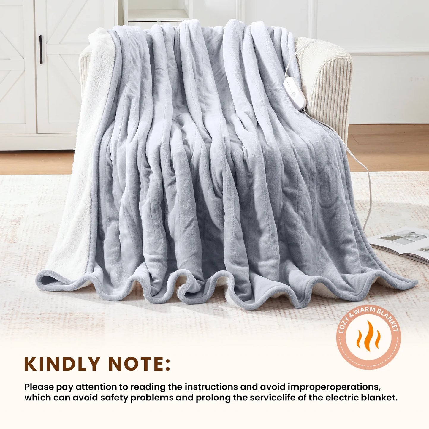 Electric Heated Blanket Throw Soft Flannel & Sherpa, 5 Heat Levels, 3 Hours Auto-Off Over-Heat Protection ETL Certification (50"X60", Light Gray)