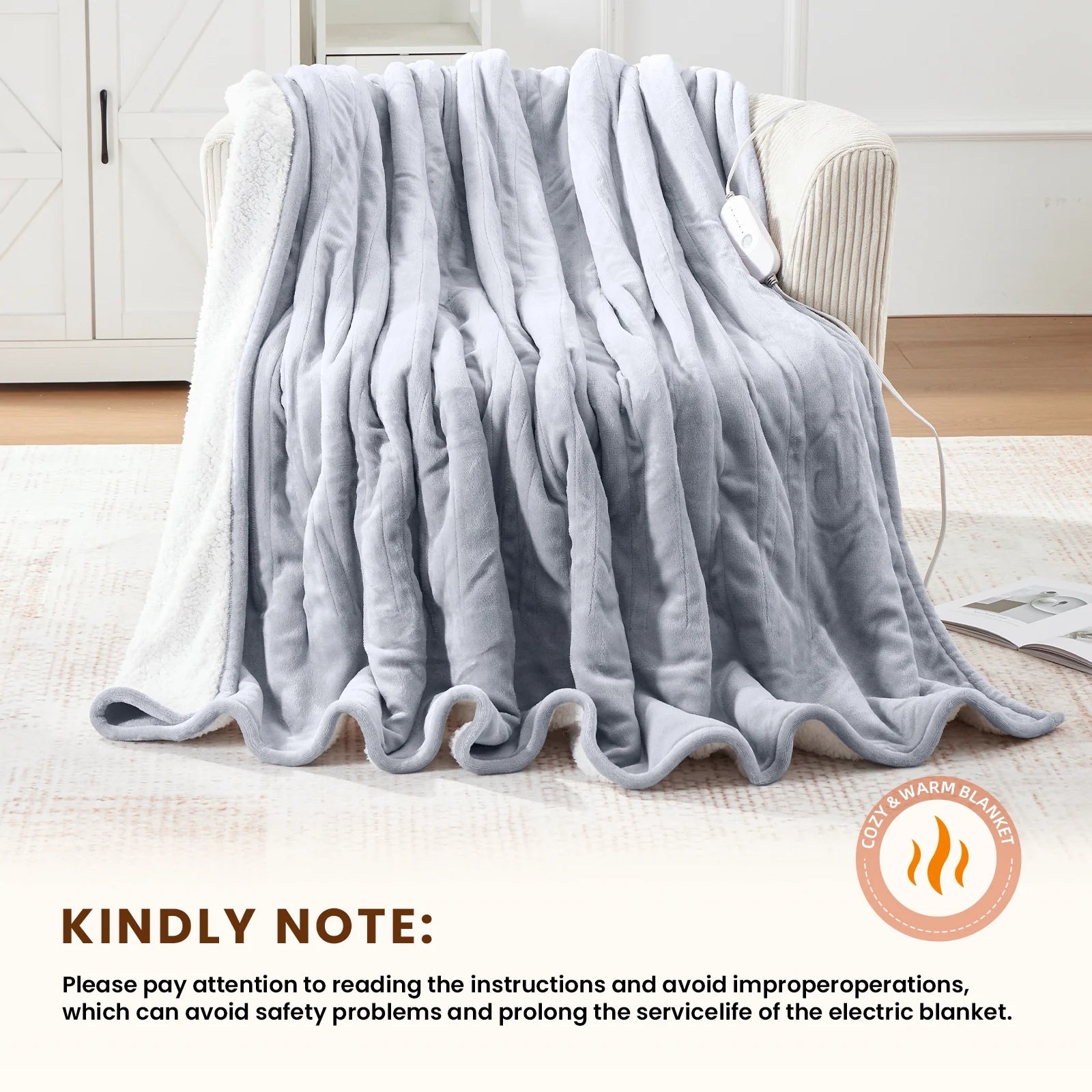 Electric Heated Blanket Throw Soft Flannel & Sherpa, 5 Heat Levels, 3 Hours Auto-Off Over-Heat Protection ETL Certification (50"X60", Light Gray)