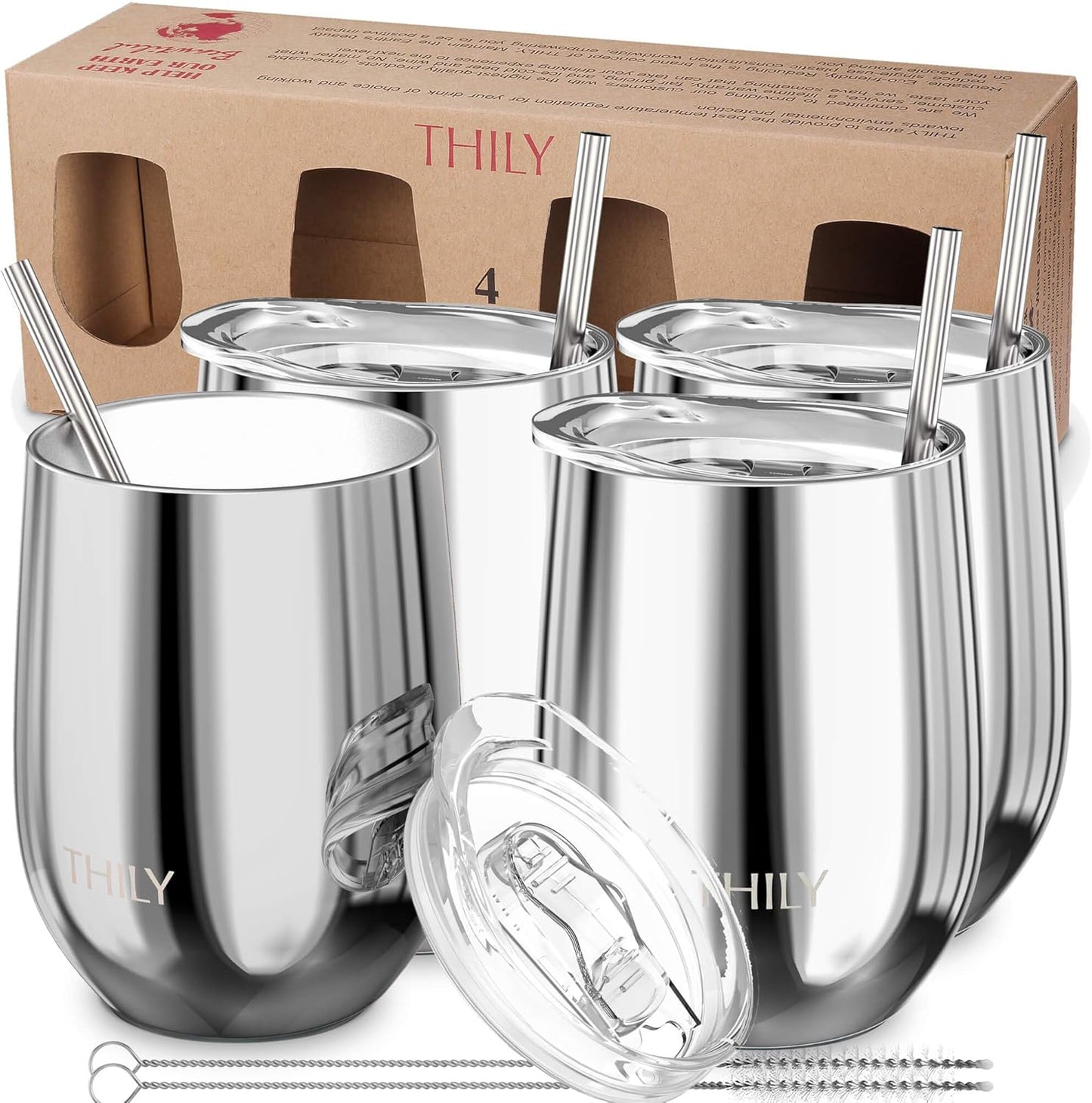 Stainless Steel Stemless Wine Tumbler 4 Pack Vacuum Insulated Travel Wine Glasses with Sliding Lids and Straws, 12 Oz, Keep Cold for Juice, Coffee, Beer, Marble Series