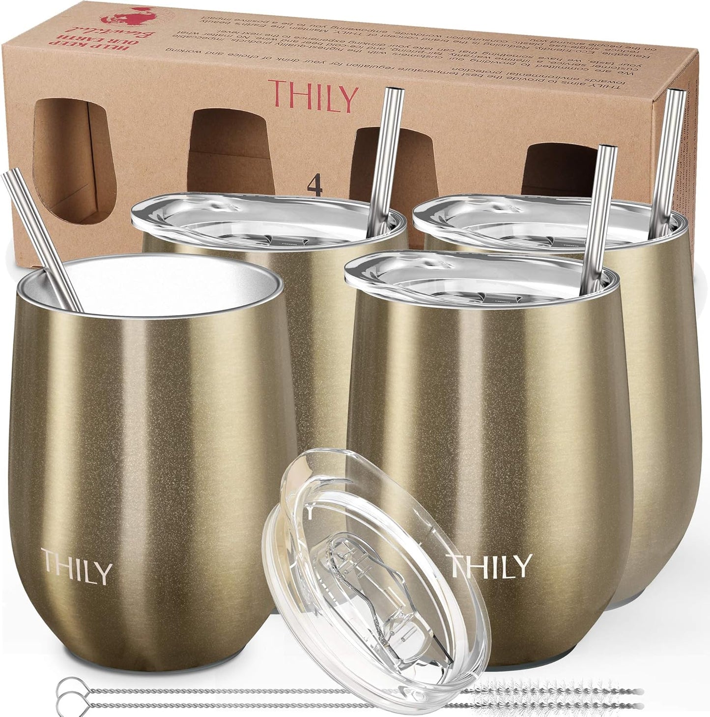 Stainless Steel Stemless Wine Tumbler 4 Pack Vacuum Insulated Travel Wine Glasses with Sliding Lids and Straws, 12 Oz, Keep Cold for Juice, Coffee, Beer, Marble Series