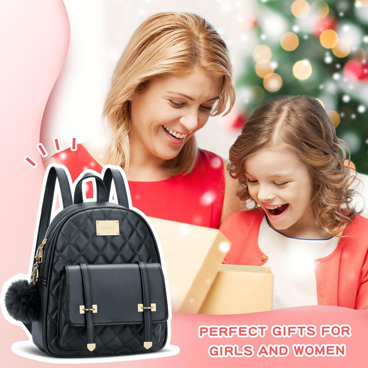 Girls Small Backpack Purse Vegan Leather Quilted Mini Daypack for Women Trendy Bookbag (Black)