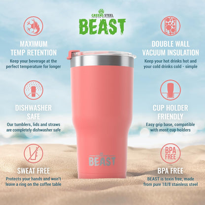 Beast 30 Oz Tumbler Stainless Steel Vacuum Insulated Coffee Ice Cup Double Wall Travel Flask (Blossom Pink)