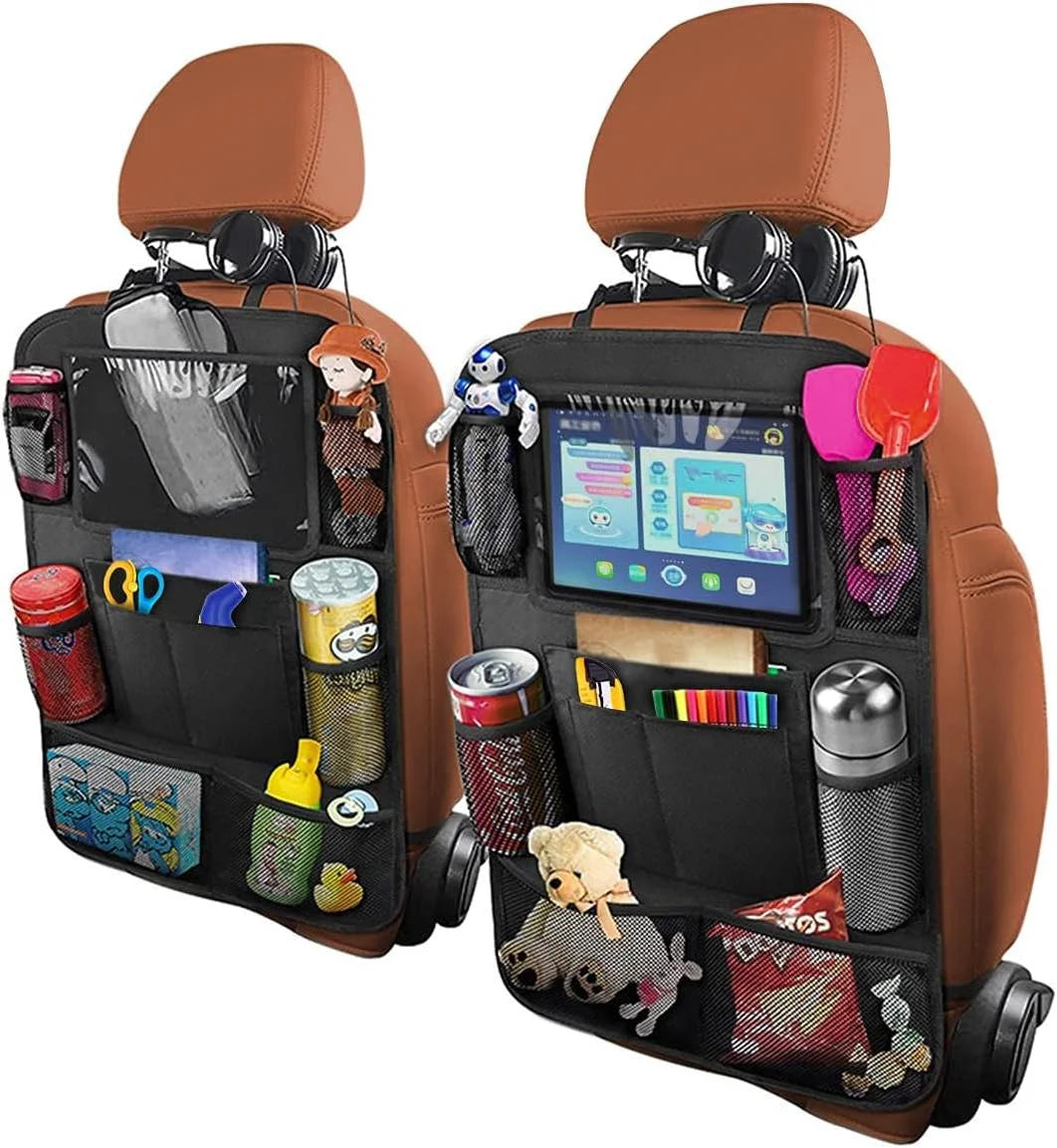 Backseat Car Organizer, Kick Mats Back Seat Protector with Touch Screen Tablet Holder, Back Seat Organizer for Kids, Travel Accessories with 9 Storage Pockets 2 Pack (Black)