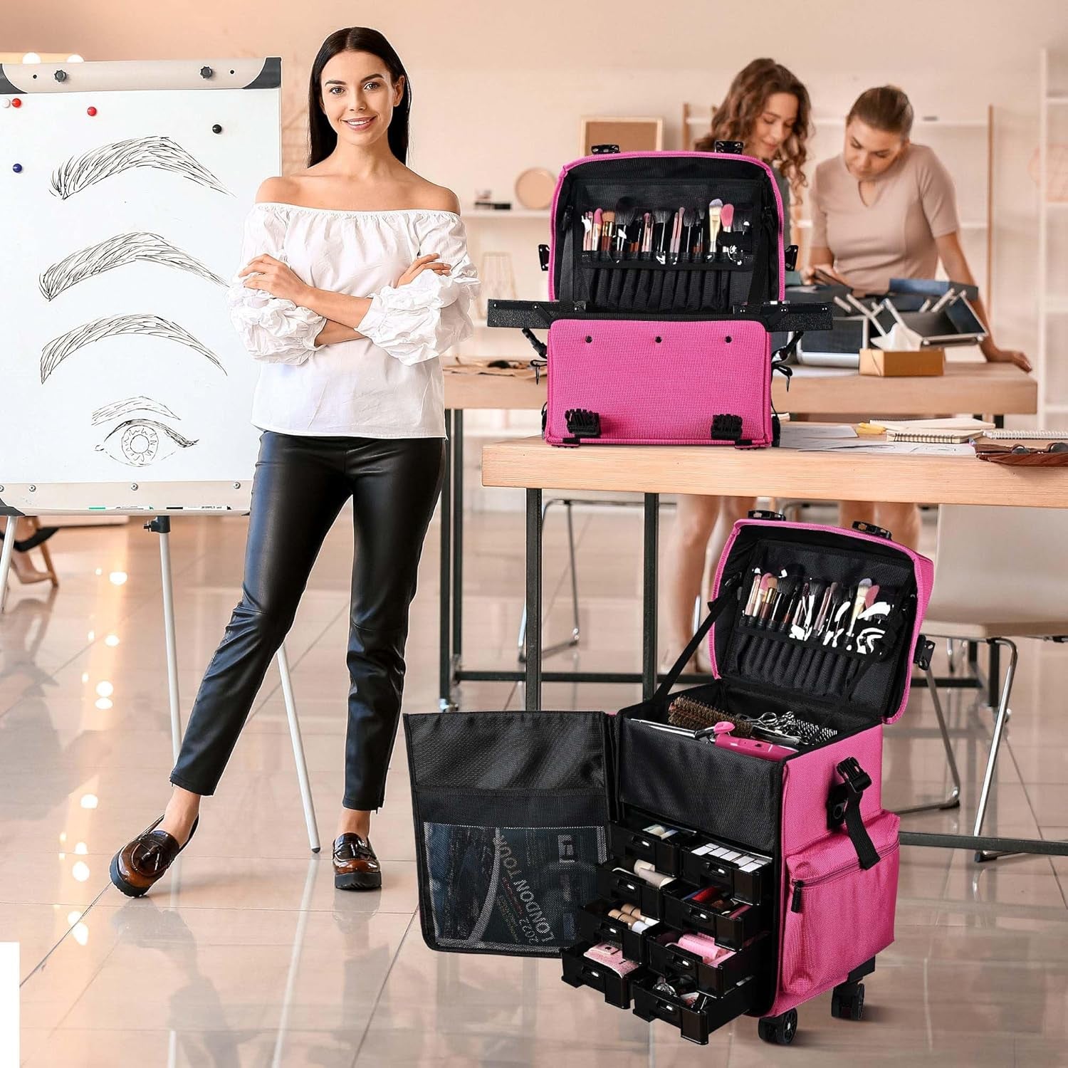 2 In1 Soft Sided Rolling Makeup Case Unseasonable Bright Cosmetic Train Case with Wheels and Removable Organizer, Deep Pink