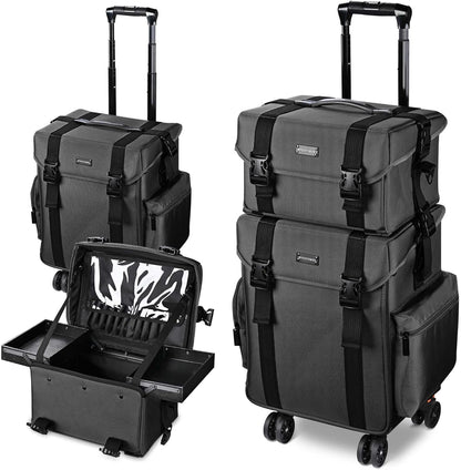 2 In1 Soft Sided Rolling Makeup Case Unseasonable Bright Cosmetic Train Case with Wheels and Removable Organizer, Deep Pink