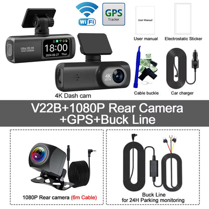 UHD 4K Wifi Dash Cam Dual Lens Driving Recorder Car DVR Optional 1080P Rear Lens Camera GPS 24H Parking Monitoring Black Box