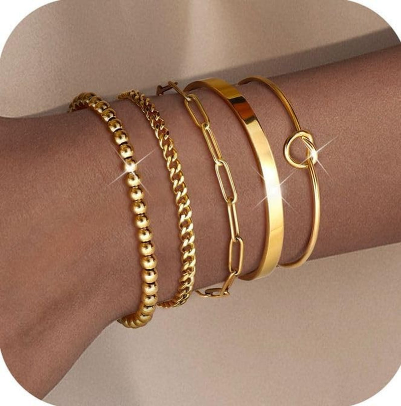 Dainty Gold Bracelets for Women - Trendy 14K Gold Bracelet Stack Set Non Tarnish
