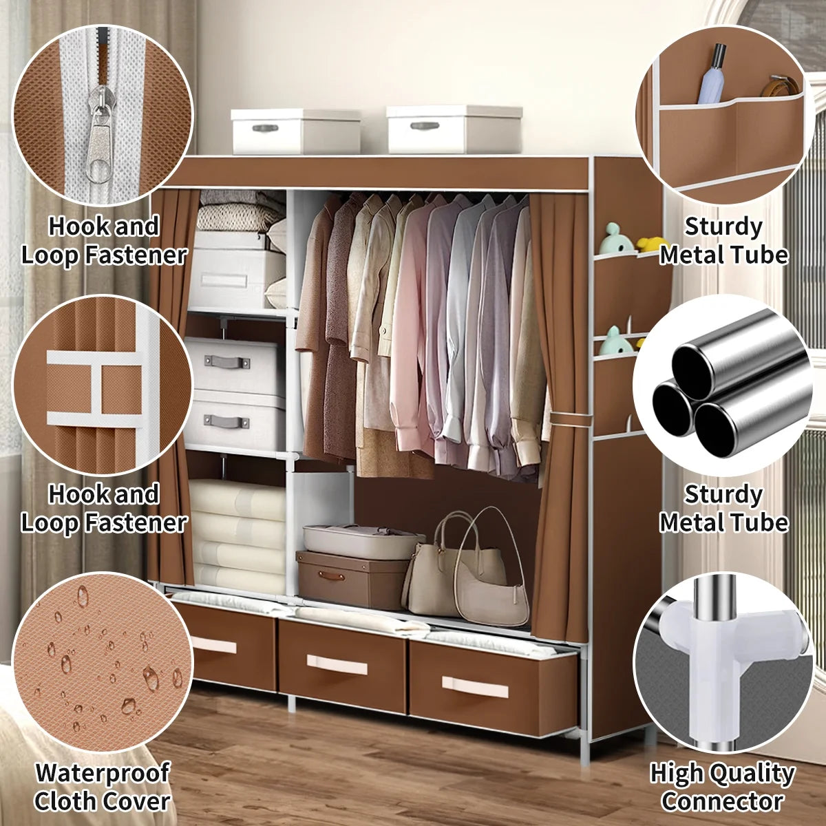 Portable Closet, Portable Wardrobe with 3 Drawer and 4 Storage Shelves and Side Pocket for Clothes Storage Organizer,Coffee