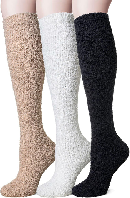 Women Fuzzy Socks 3 Pairs Knee High Fluffy Soft Warm Stocking Cozy Slipper Plush Winter Long Socks