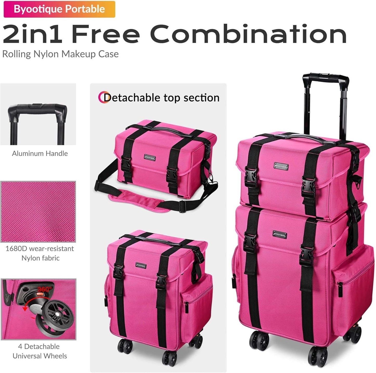 2 In1 Soft Sided Rolling Makeup Case Unseasonable Bright Cosmetic Train Case with Wheels and Removable Organizer, Deep Pink