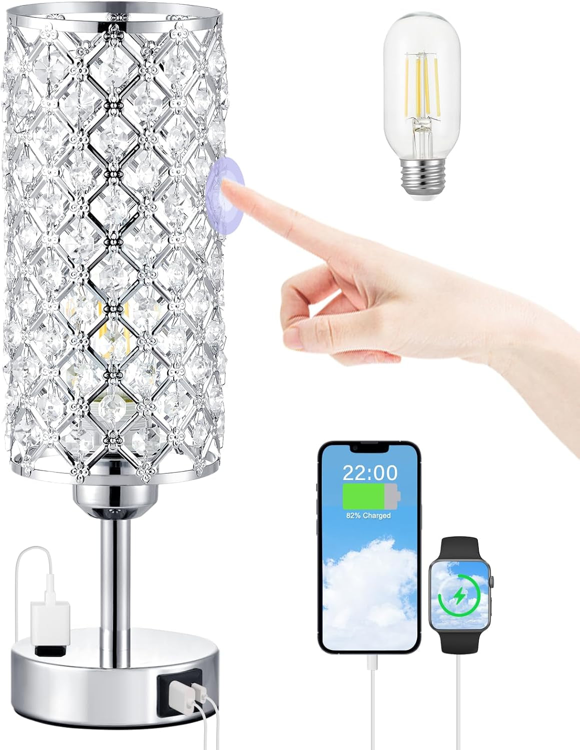 Crystal Table Lamp - 3-Way Dimmable Touch Control, Rose Gold Bedside Lamp with USB C and a Ports, Nightstand Light for Living Room, Bedroom, Home Office (Bulb Included)