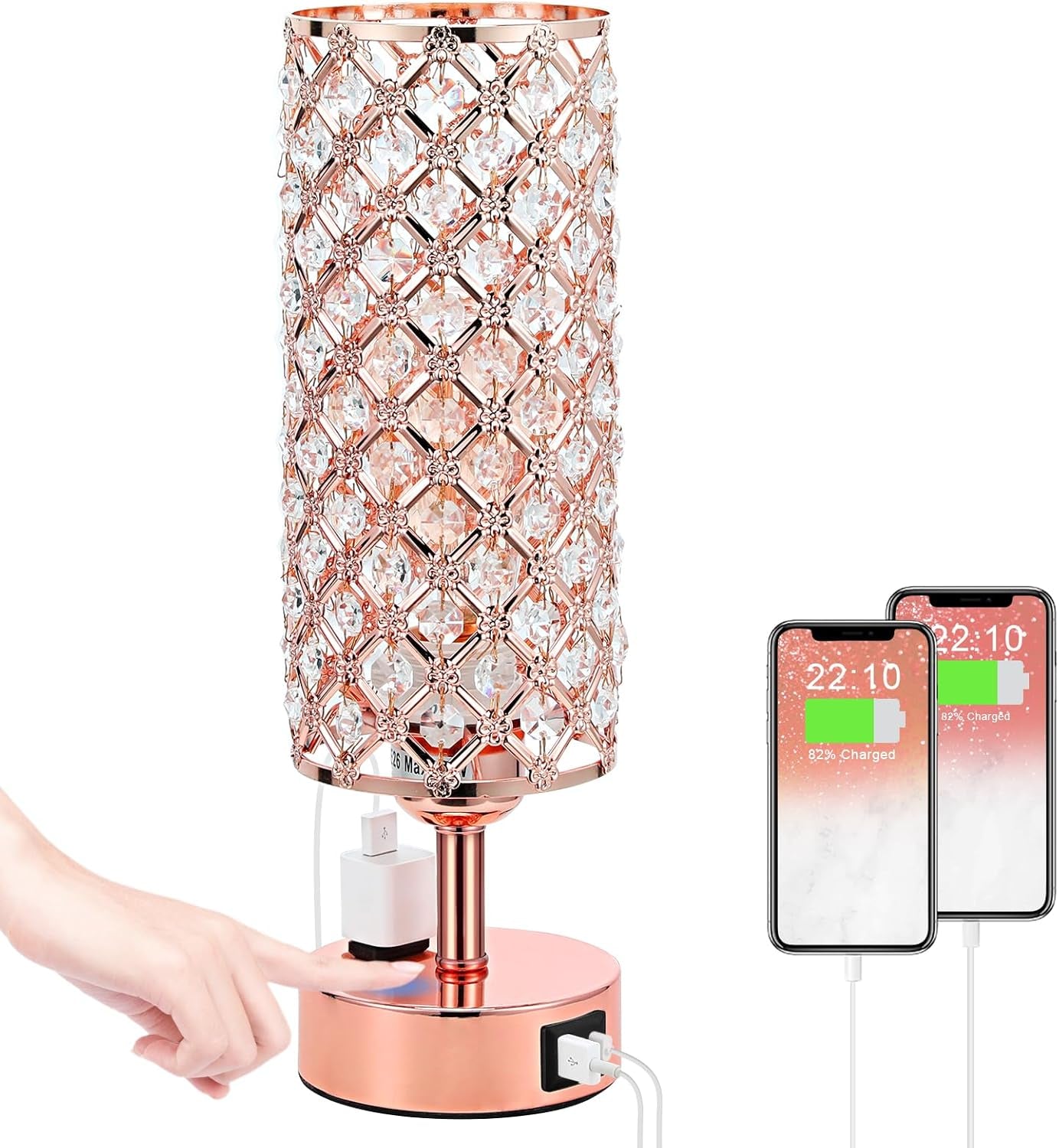 Crystal Table Lamp - 3-Way Dimmable Touch Control, Rose Gold Bedside Lamp with USB C and a Ports, Nightstand Light for Living Room, Bedroom, Home Office (Bulb Included)